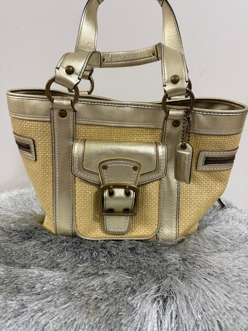 Coach Gold Trim Straw Tote with Front Buckle Pocket